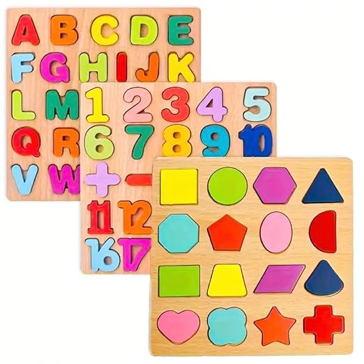 Wooden 3D Capital Alphabets, Numbers, and Shapes Board Puzzle